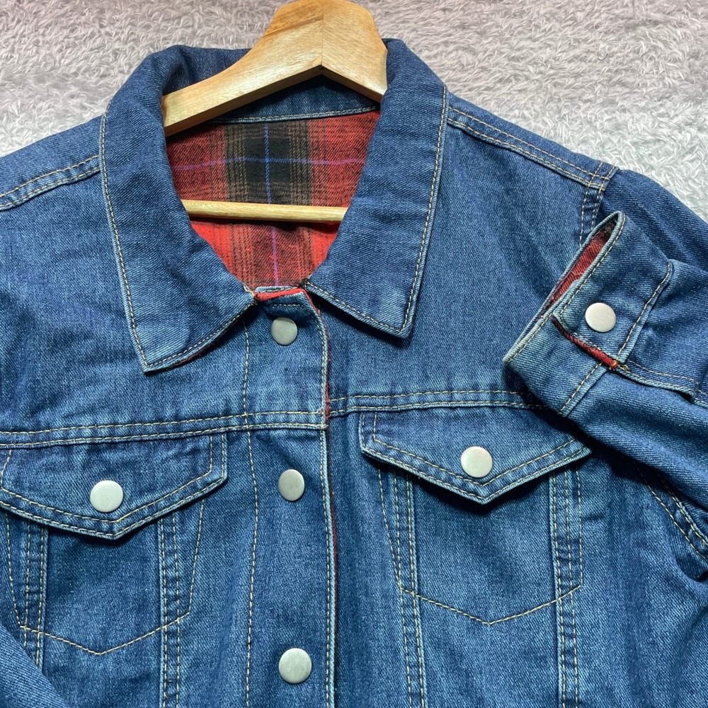 Cato Womens Denim Trucker Jacket Medium Wash Plaid Flannel Lined Blue Size M